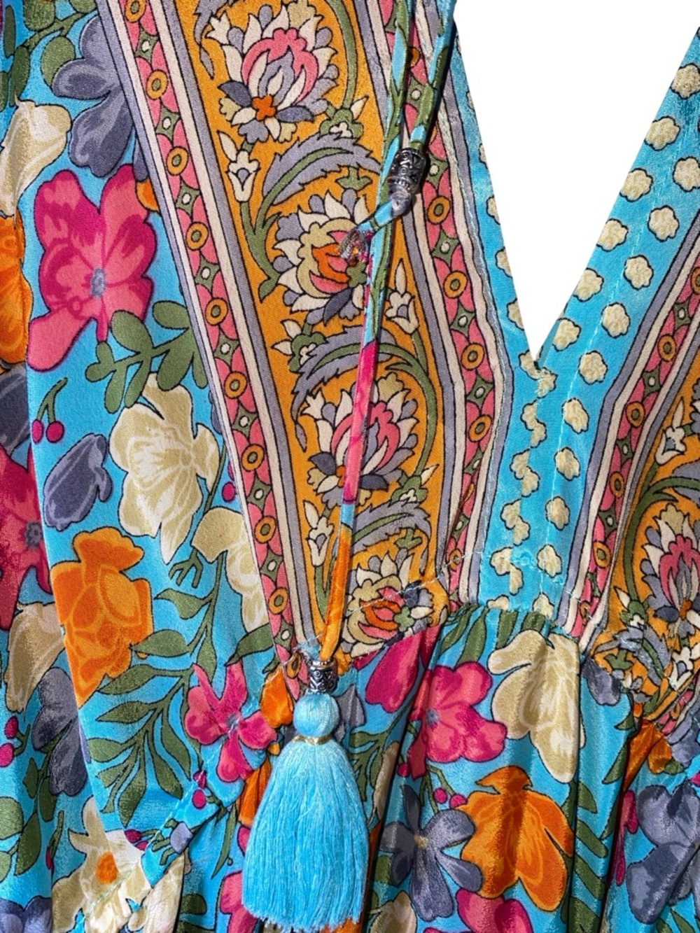 Zury Silk Boho Maxi Dress | 70% Silk Floral Paisley Tiered V-Neck Gown - Size M - Picture 6 of 6